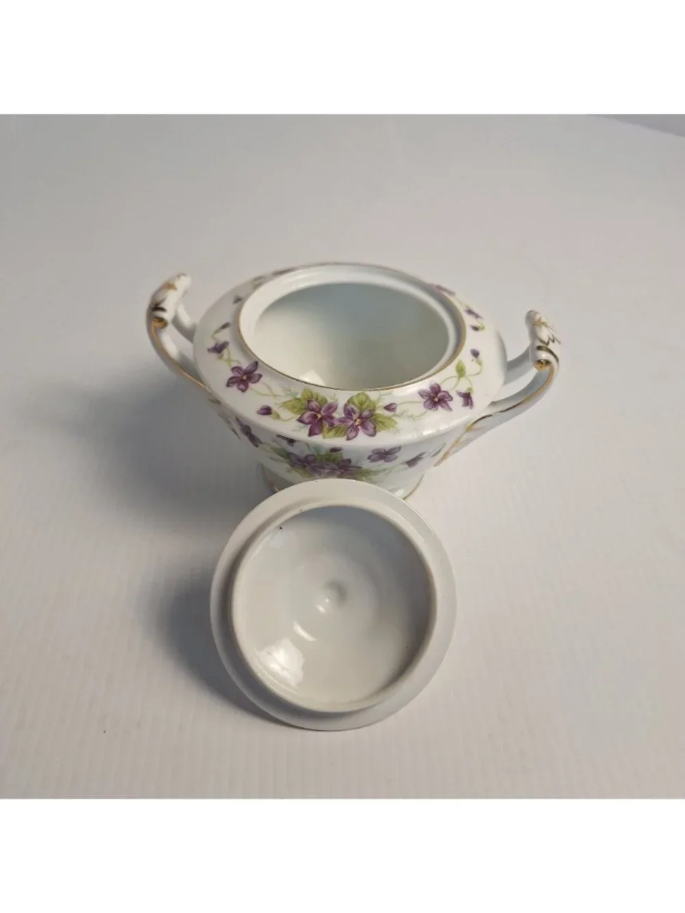 WENTWORTH CHINA JAPAN PURPLE FLORAL GOLD TRIM CREAM AND LIDDED SUGAR SET VIOLA